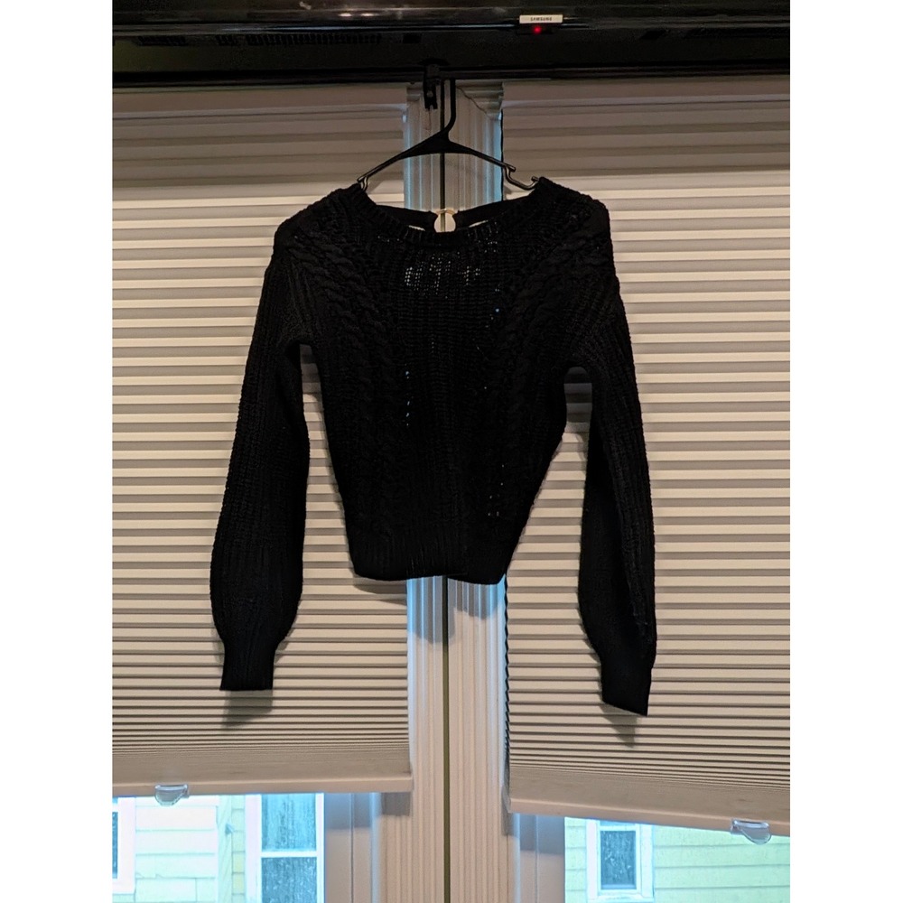 No Boundaries Black Cable Knit Sweater Open Back Ring Bow Detail XS